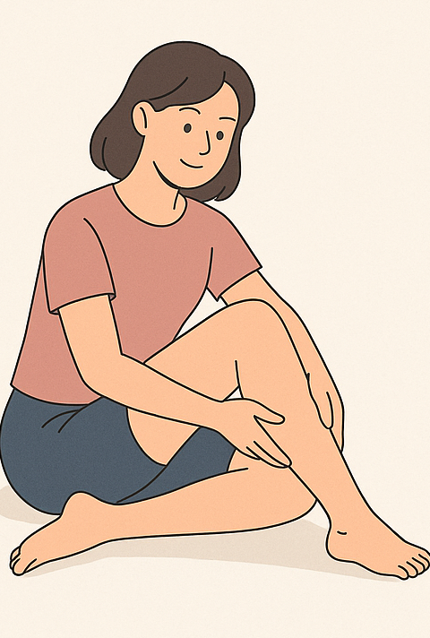 앉아서 종아리 셀프 마사지를 하는 여성의 일러스트
