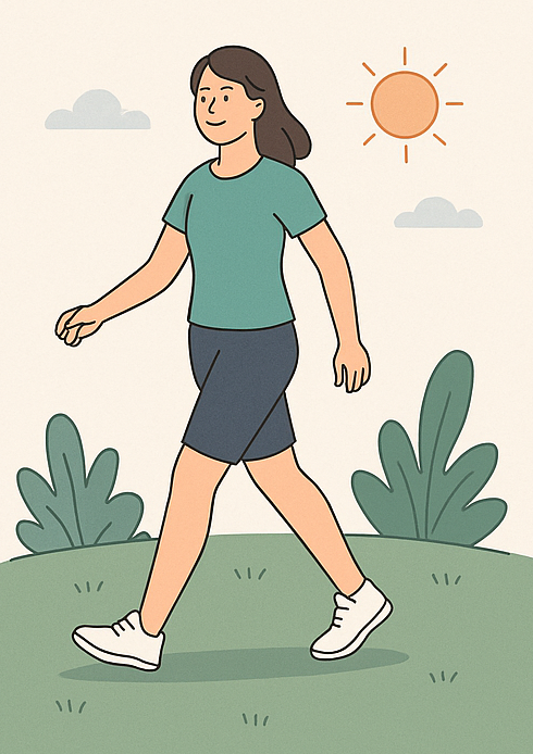 야외에서 가볍게 걷는 여성의 일러스트