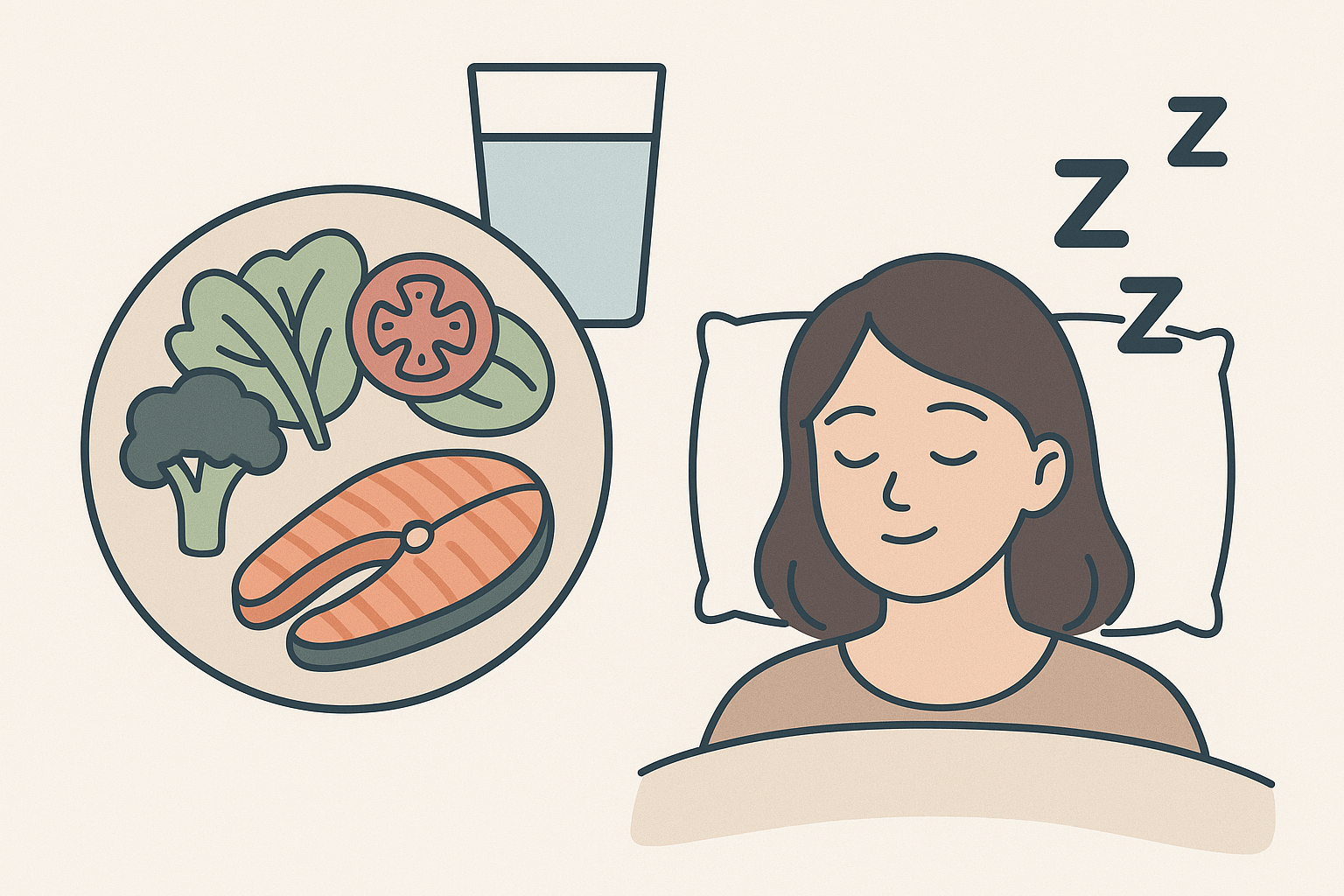 얼굴 붓기 빼는법-건강한 식단과 충분한 수면을 보여주는 일러스트, 다이어트 붓기 예방, 활력 증진 