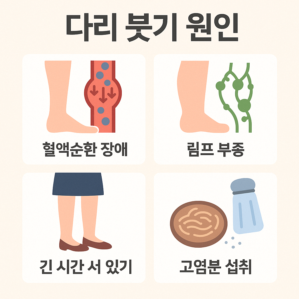 다리 붓기 원인 7가지: 장시간 서있기, 혈액순환 장애, 호르몬 변화, 짜고 매운 음식, 림프 부종, 신장 기능 이상, 고정 자세 등 주요 원인을 시각적으로 보여주는 그림입니다.