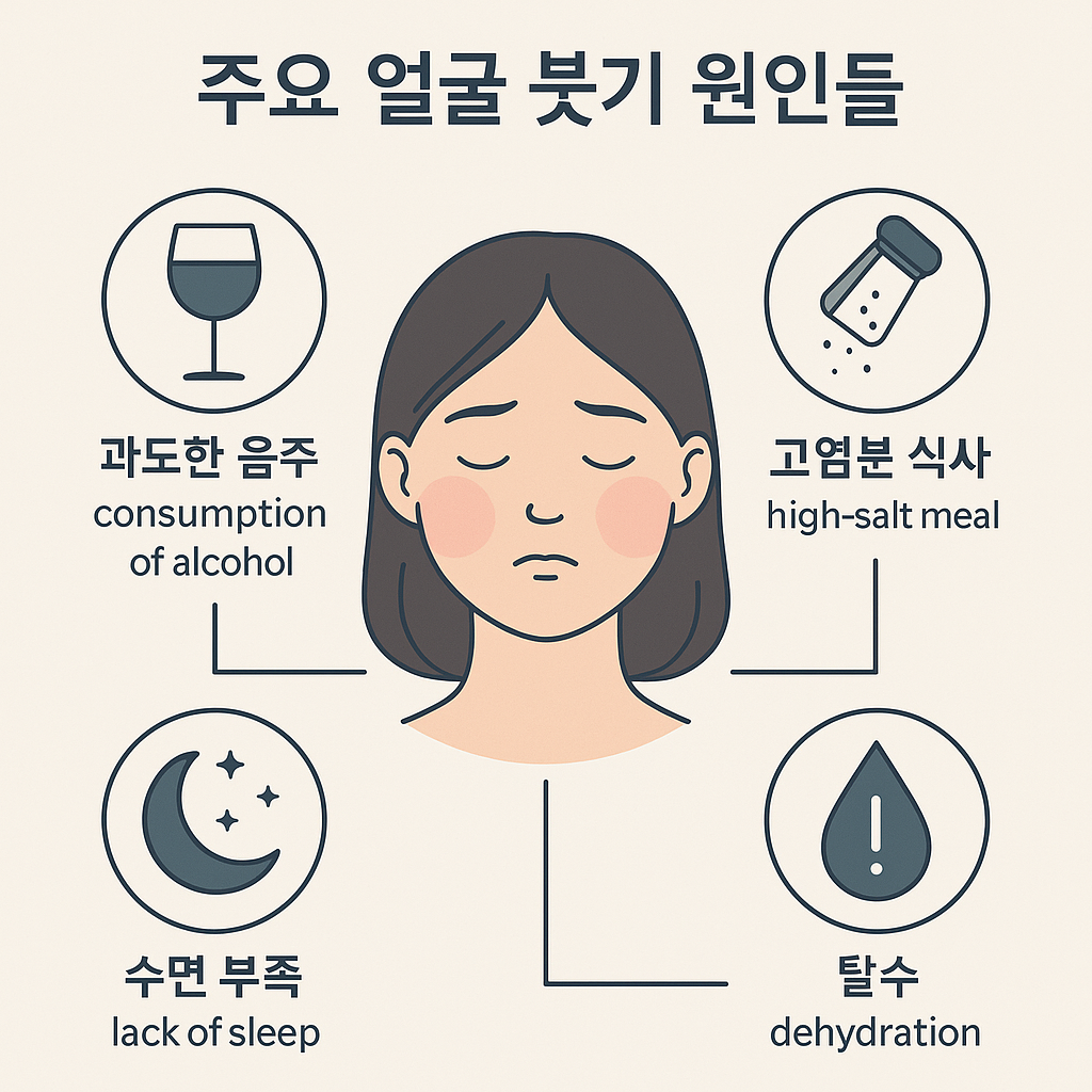 얼굴 붓기 빼는법-얼굴 붓기의 주요 원인들을 설명하는 인포그래픽, 아침 붓기, 음주, 수면 부족, 짜고 매운 음식