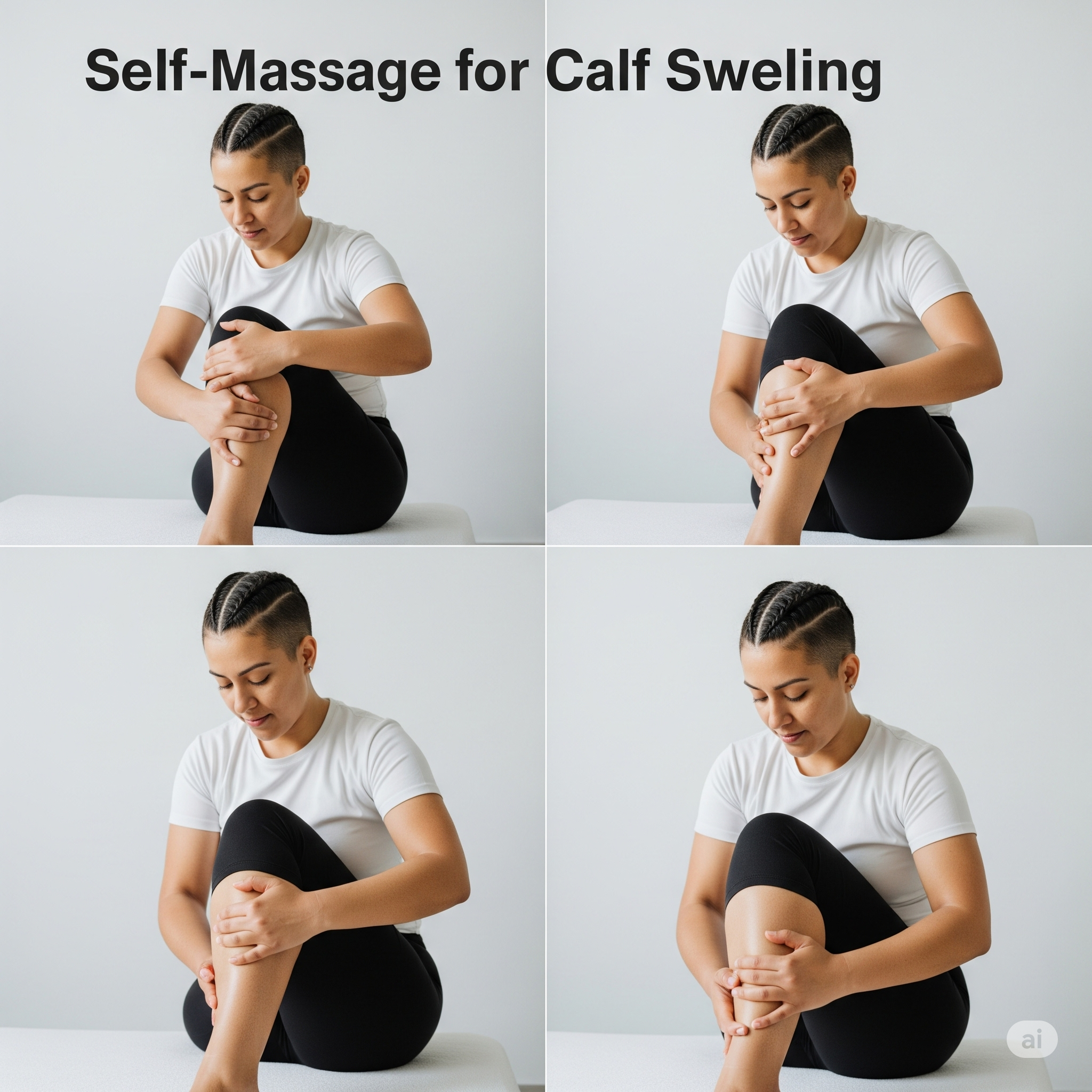20대 한국 여성의 종아리 붓기 셀프 마사지 일러스트, 다리 관리