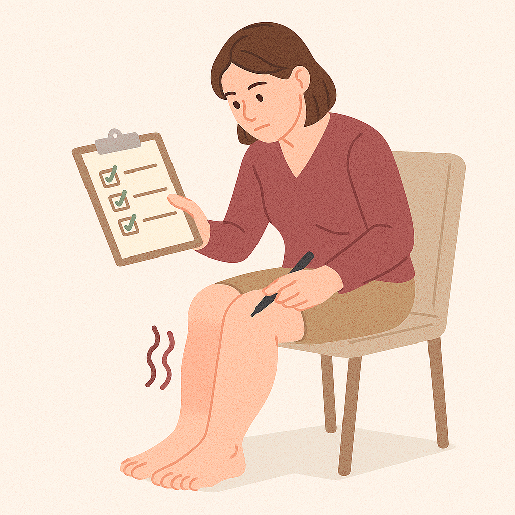 종아리 붓기 원인을 자가 진단하는 여성의 모습입니다. 앉아서 자신의 종아리를 확인하고 있습니다.