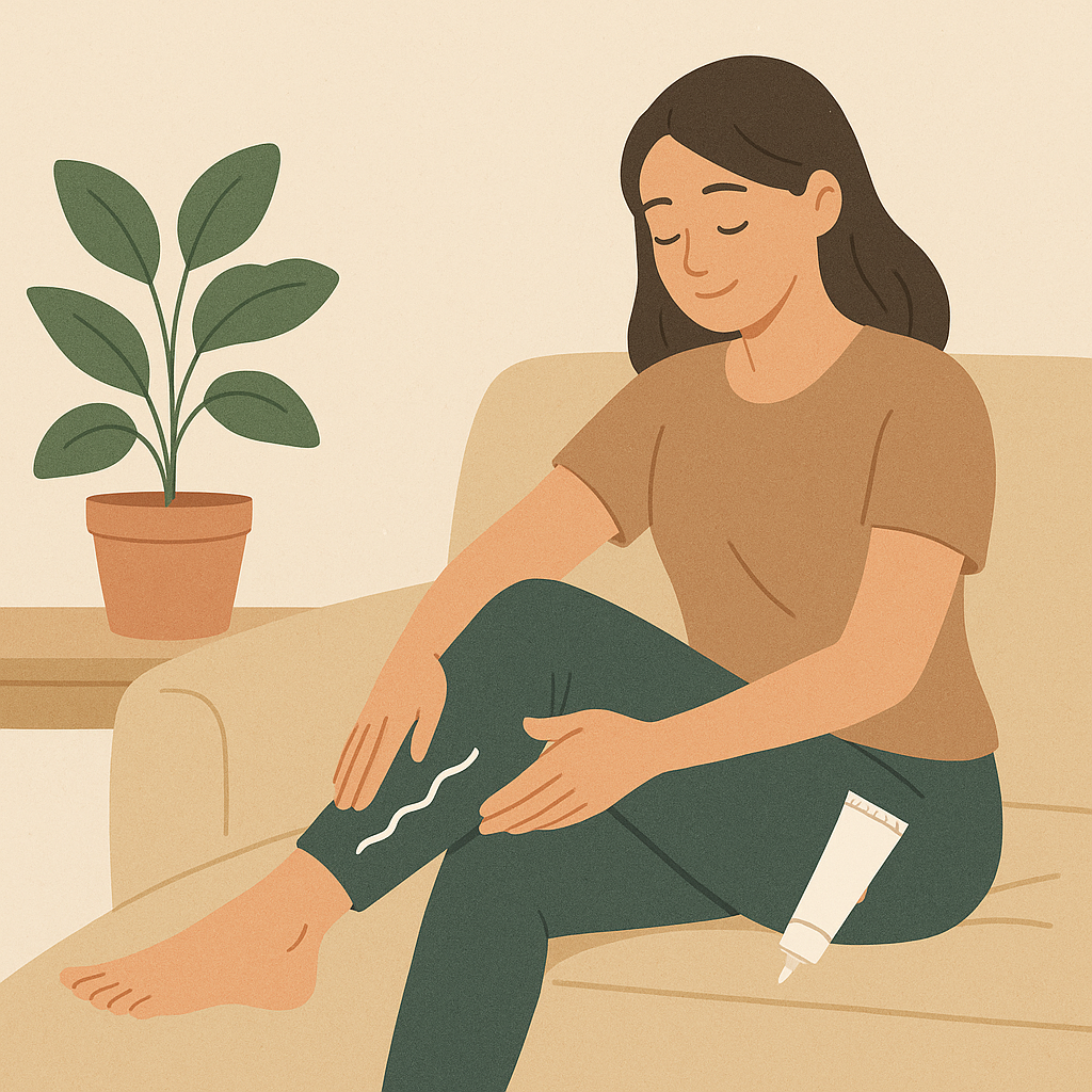 얼굴 붓기 빼는법-플로우핏 제품을 사용하여 다리 붓기를 관리하는 여성, 종아리 붓기 해소, 혈액순환 개선